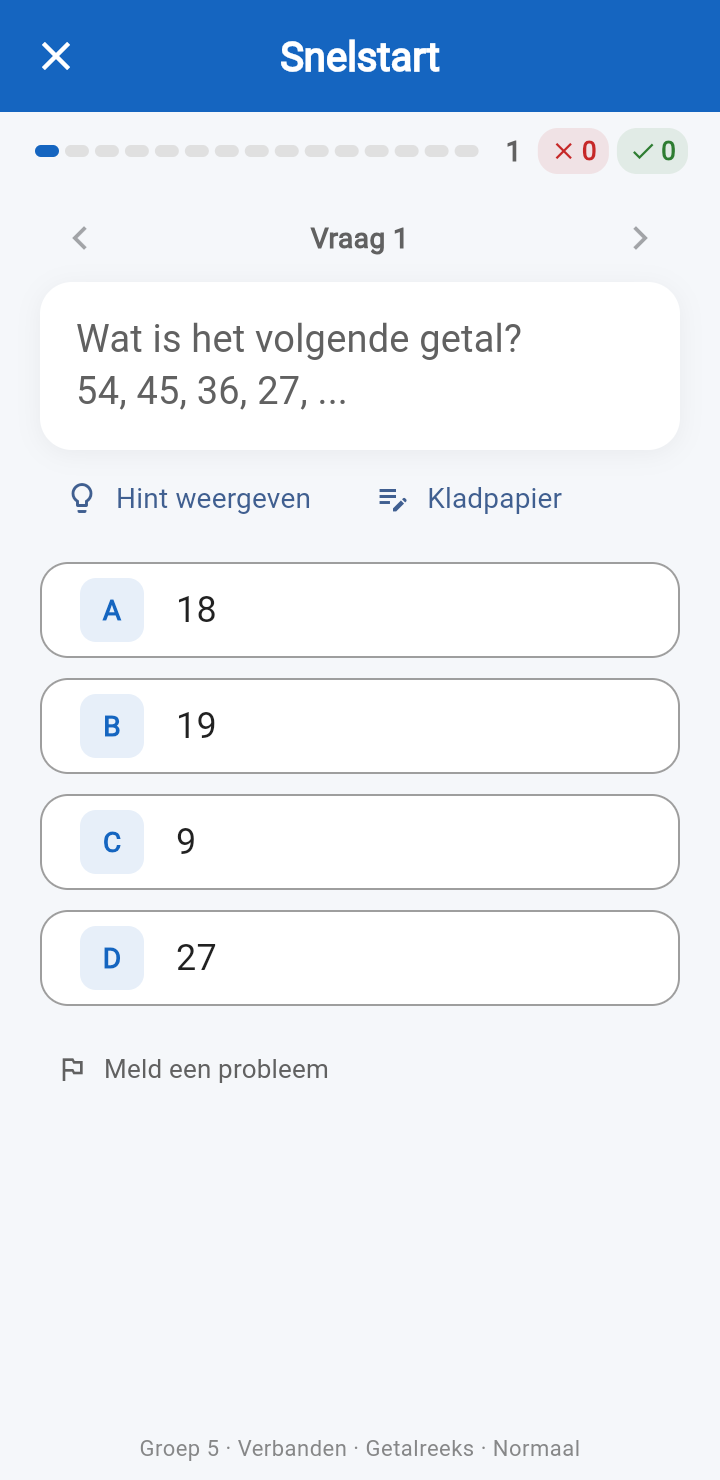 RekenAppie: een som met vier antwoordknoppen, hint en kladpapier