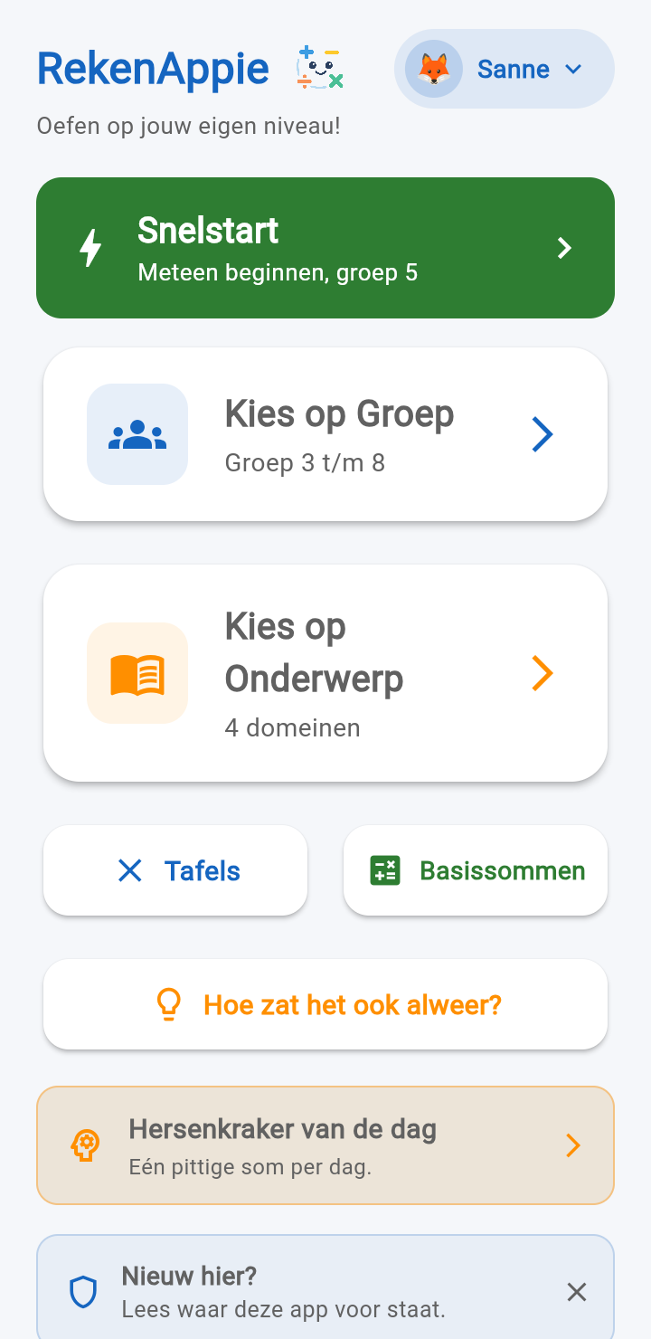 Het beginscherm van RekenAppie: Snelstart, kiezen op groep of onderwerp, en de hersenkraker van de dag